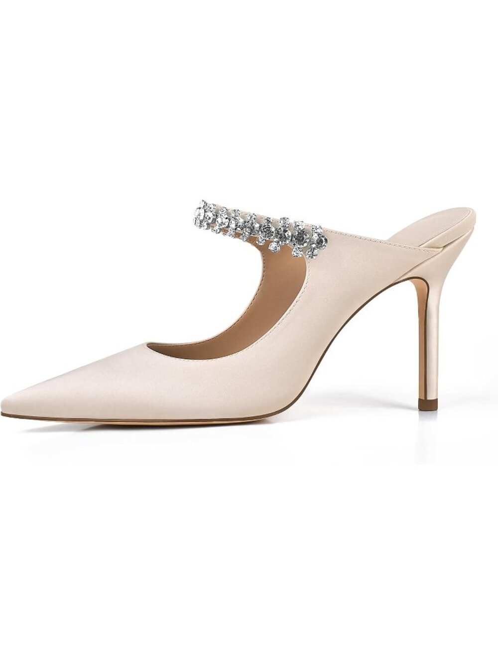 Women's Satin-Nude Rhinestone Heels Pointed Toe Slip On 4" Stiletto Closed Toe